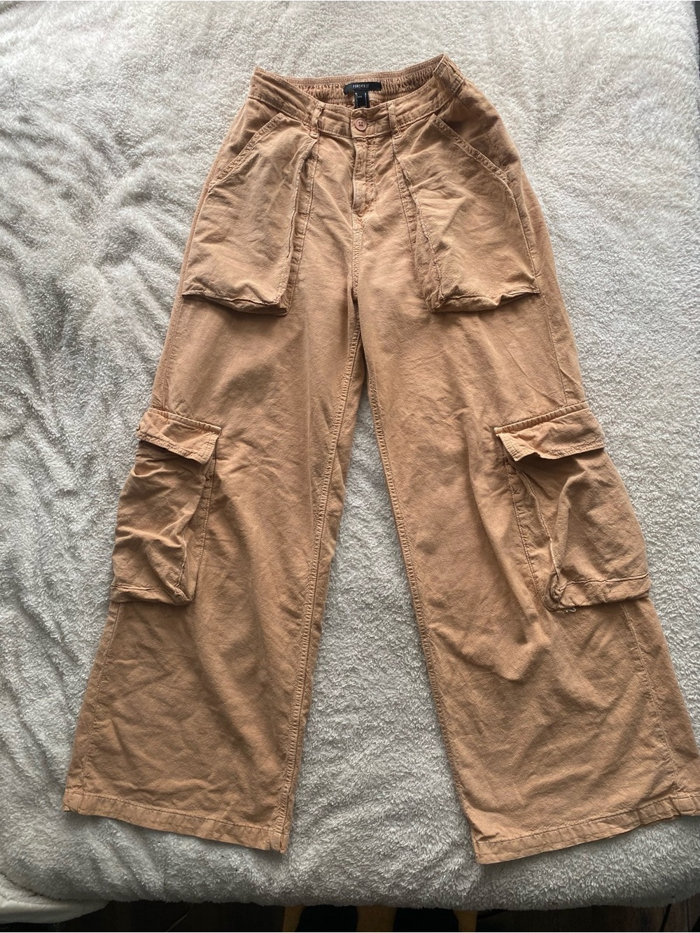 Y2K Boho Streetwear Tan Flowy Cargo Pants with Utility Pockets